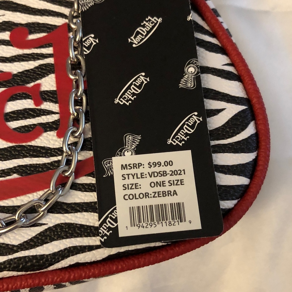 Von Dutch Zebra Print Shoulder Bag Red Trim & Logo Silver Chain + Wrench NWT - Picture 4 of 16
